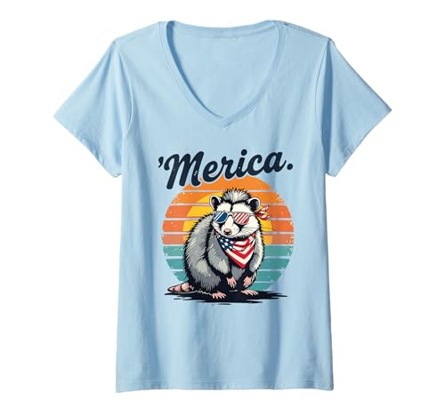 Damen Lustiges patriotisches Opossum Retro 'Merica Art T-Shirt mit V-Ausschnitt Damen Lustiges patriotisches Opossum Retro 'Merica Art T-Shirt mit V-Ausschnitt von Patriotic Animal Lovers Funny 4th of July by NLTS