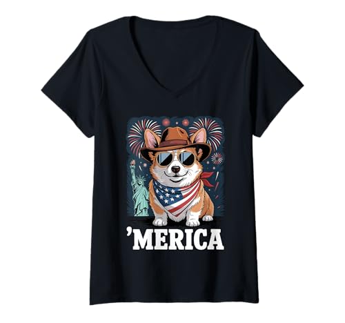Damen Patriotische Corgi 'Merica Lustige 4. Juli Corgi USA Flagge T-Shirt mit V-Ausschnitt Damen Patriotische Corgi 'Merica Lustige 4. Juli Corgi USA Flagge T-Shirt mit V-Ausschnitt von Patriotic Animal Lovers Funny 4th of July by NLTS