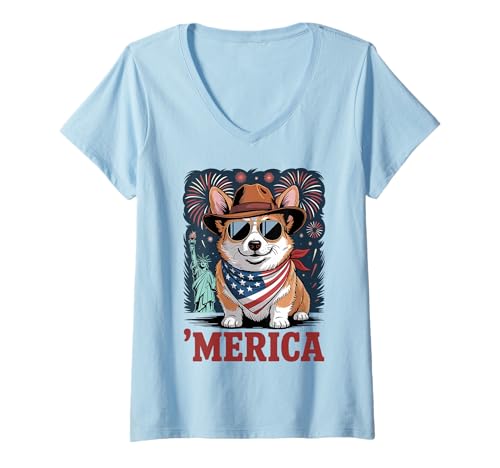 Damen Patriotische Corgi 'Merica Lustige 4. Juli Corgi USA Flagge T-Shirt mit V-Ausschnitt Damen Patriotische Corgi 'Merica Lustige 4. Juli Corgi USA Flagge T-Shirt mit V-Ausschnitt von Patriotic Animal Lovers Funny 4th of July by NLTS