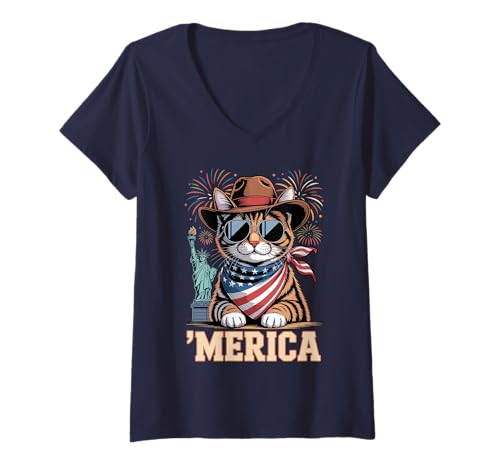 Damen Patriotische Katze 'Merica Feuerwerk Cowboy Katze mit Sonnenbrille T-Shirt mit V-Ausschnitt Damen Patriotische Katze 'Merica Feuerwerk Cowboy Katze mit Sonnenbrille T-Shirt mit V-Ausschnitt von Patriotic Animal Lovers Funny 4th of July by NLTS