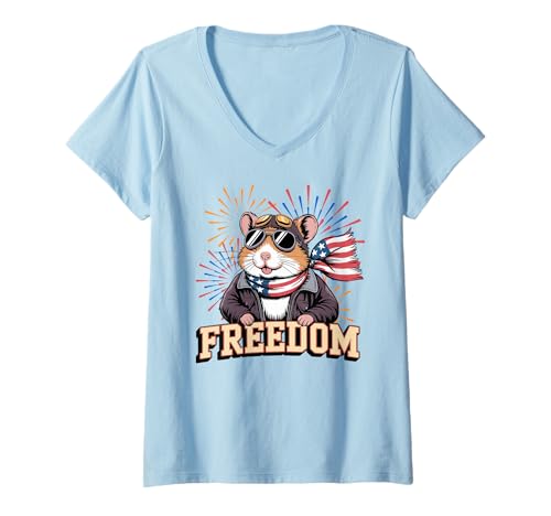 Damen Patriotischer Fliegerhamster mit Sonnenbrille und Flaggenschal T-Shirt mit V-Ausschnitt Damen Patriotischer Fliegerhamster mit Sonnenbrille und Flaggenschal T-Shirt mit V-Ausschnitt von Patriotic Animal Lovers Funny 4th of July by NLTS