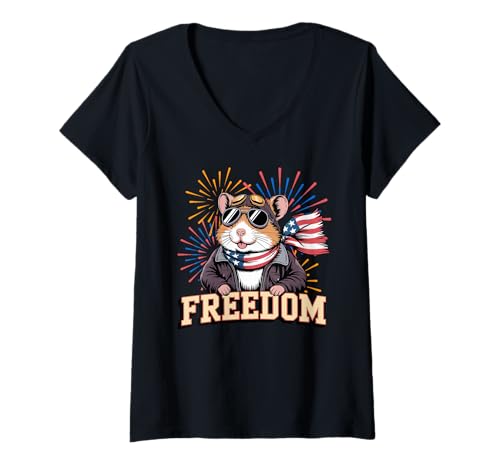 Damen Patriotischer Fliegerhamster mit Sonnenbrille und Flaggenschal T-Shirt mit V-Ausschnitt Damen Patriotischer Fliegerhamster mit Sonnenbrille und Flaggenschal T-Shirt mit V-Ausschnitt von Patriotic Animal Lovers Funny 4th of July by NLTS