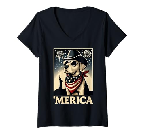 Damen Patriotischer Hund mit Hut und Bandana USA Cowboy Hund T-Shirt mit V-Ausschnitt Damen Patriotischer Hund mit Hut und Bandana USA Cowboy Hund T-Shirt mit V-Ausschnitt von Patriotic Animal Lovers Funny 4th of July by NLTS