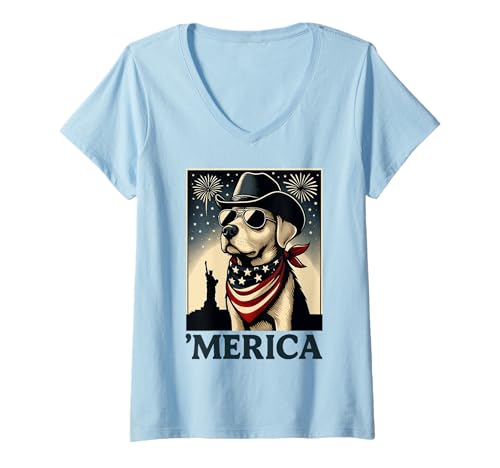 Damen Patriotischer Hund mit Hut und Bandana USA Cowboy Hund T-Shirt mit V-Ausschnitt Damen Patriotischer Hund mit Hut und Bandana USA Cowboy Hund T-Shirt mit V-Ausschnitt von Patriotic Animal Lovers Funny 4th of July by NLTS