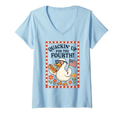Damen Quackin' Up for the Fourth Funny Patriotic Duck Design T-Shirt mit V-Ausschnitt Damen Quackin' Up for the Fourth Funny Patriotic Duck Design T-Shirt mit V-Ausschnitt von Patriotic Animal Lovers Funny 4th of July by NLTS