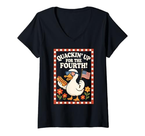 Damen Quackin' Up for the Fourth Funny Patriotic Duck Design T-Shirt mit V-Ausschnitt von Patriotic Animal Lovers Funny 4th of July by NLTS