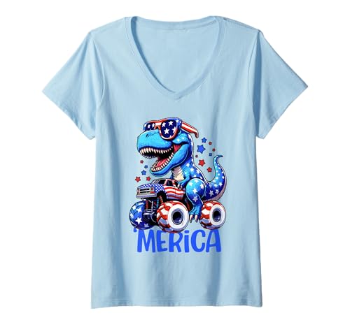Damen T-Rex 'Merica Monster Truck USA Patriotisches Dinosaurier-Design T-Shirt mit V-Ausschnitt Damen T-Rex 'Merica Monster Truck USA Patriotisches Dinosaurier-Design T-Shirt mit V-Ausschnitt von Patriotic Animal Lovers Funny 4th of July by NLTS