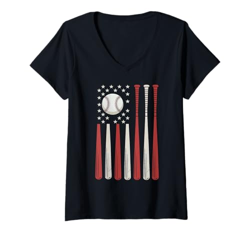 Damen Baseball Amerikanische Flagge Patriotische Sportfans T-Shirt mit V-Ausschnitt von Patriotic Baseball Design USA Flag