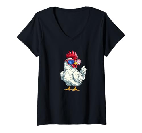Damen Amerika Huhn mit Sonnenbrille für patriotische Tage T-Shirt mit V-Ausschnitt Damen Amerika Huhn mit Sonnenbrille für patriotische Tage T-Shirt mit V-Ausschnitt von Patriotic Chicken Outfit
