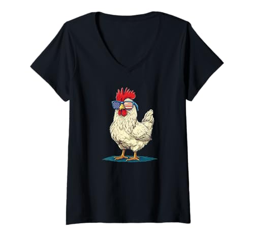 Damen Süßes Huhn mit Amerika Shades Kostüm für Sonnenbrillenfans T-Shirt mit V-Ausschnitt Damen Süßes Huhn mit Amerika Shades Kostüm für Sonnenbrillenfans T-Shirt mit V-Ausschnitt von Patriotic Chicken Outfit