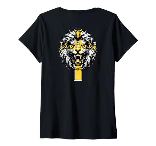 Damen Löwe Jesus I Can Do All Thing Through Christ Kunst auf der Rückseite T-Shirt mit V-Ausschnitt von Patriotic Christian Pride This American Prays Lion