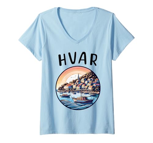 Damen Kroatischer Urlaub und Hrvatska Hvar T-Shirt mit V-Ausschnitt Damen Kroatischer Urlaub und Hrvatska Hvar T-Shirt mit V-Ausschnitt von Patriotic Croatia Zagreb And Split Croat Apparel