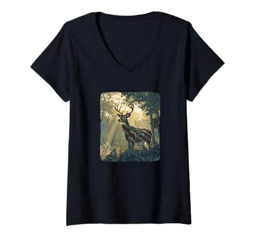 Damen Cooles Hirsch im Wald mit Amerika-Farben Kostüm T-Shirt mit V-Ausschnitt von Patriotic Deer Outfit