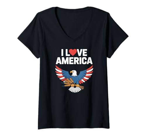 Damen I Love America Adler Weizen-Design T-Shirt mit V-Ausschnitt Damen I Love America Adler Weizen-Design T-Shirt mit V-Ausschnitt von Patriotic Eagle Freedom Expression