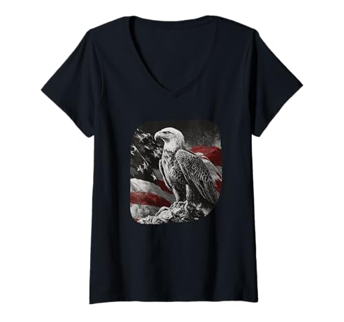 Damen Majestätischer Weißkopfseeadler mit amerikanischer Flagge T-Shirt mit V-Ausschnitt von Patriotic Eagle Outfit