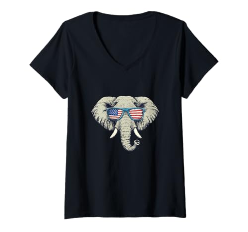 Damen Patriotic Elephant Rocking America Sonnenbrille T-Shirt mit V-Ausschnitt Damen Patriotic Elephant Rocking America Sonnenbrille T-Shirt mit V-Ausschnitt von Patriotic Elephant