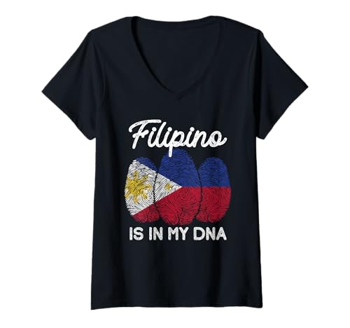 Damen is In My DNA Lustige Philippinische Flagge Fingerabdruck T-Shirt mit V-Ausschnitt von Patriotic Filipino Apparel & Quotes