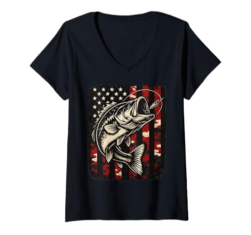 Damen Angelhemd für Patriotische Angler im Freien, Flagge der Vereinigten Staaten T-Shirt mit V-Ausschnitt von Patriotic Fishing Lifestyle Apparel Co.