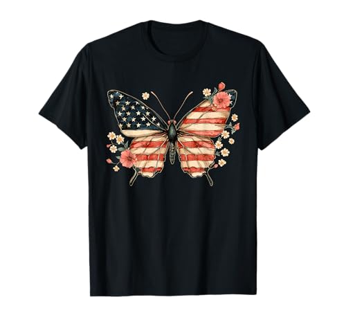 Patriotischer Schmetterling Blumen USA Amerikanische Flagge Frauen T-Shirt von Patriotic Floral Butterfly USA 4th of July Women