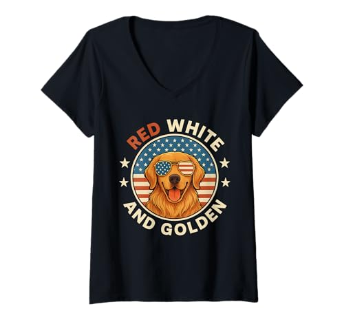 Damen Rot-Weiß und Golden Retriever Patriotische amerikanische Flagge Hund T-Shirt mit V-Ausschnitt Damen Rot-Weiß und Golden Retriever Patriotische amerikanische Flagge Hund T-Shirt mit V-Ausschnitt von Patriotic Golden Retriever 4th of July Retro