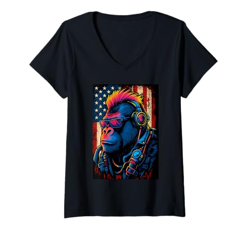 Damen Gorilla Punk mit Kopfhörern Amerikanische Flagge Musik Design T-Shirt mit V-Ausschnitt von Patriotic Gorilla Art Co.
