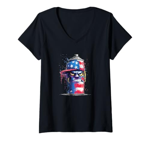 Damen Lustiges USA-Graffiti-Dosen-Kostüm mit Kappe T-Shirt mit V-Ausschnitt Damen Lustiges USA-Graffiti-Dosen-Kostüm mit Kappe T-Shirt mit V-Ausschnitt von Patriotic Graffiti Outfit