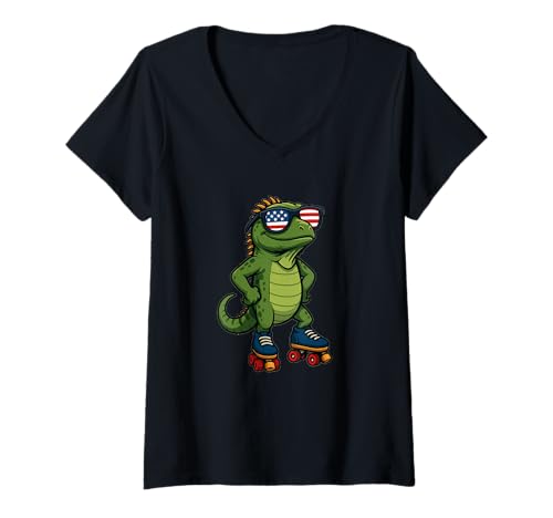 Damen Hübsche Eidechsen-Party mit Vintage-Rollschuhen zum 4. Juli T-Shirt mit V-Ausschnitt von Patriotic Iguana Outfit