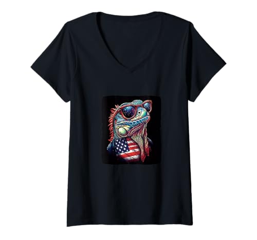 Damen Lustiges Leguan-Reptil mit Amerika T-Shirt mit V-Ausschnitt von Patriotic Iguana Outfit