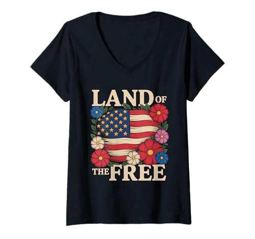 Damen Land of The Free - Patriotisches florales amerikanisches Flaggen-Design T-Shirt mit V-Ausschnitt Damen Land of The Free - Patriotisches florales amerikanisches Flaggen-Design T-Shirt mit V-Ausschnitt von Patriotic Land of the Free