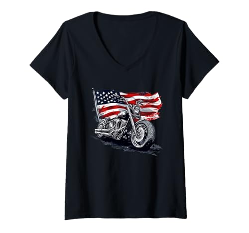 Damen Cooles amerikanisches Motorrad im patriotischen Look T-Shirt mit V-Ausschnitt von Patriotic Motorcycle Outfit