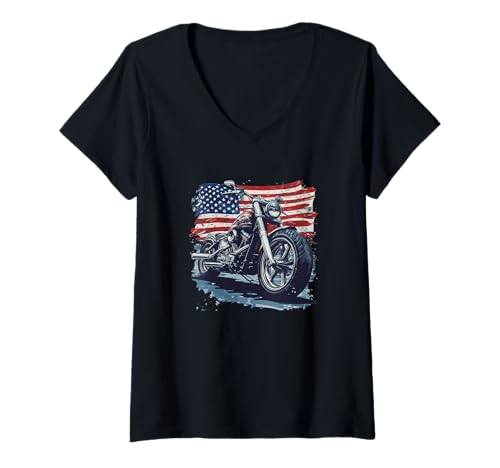 Damen Erstaunliches USA-Motor T-Shirt mit V-Ausschnitt von Patriotic Motorcycle Outfit