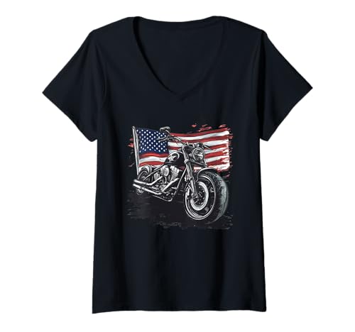 Damen Freedom Ride Kostüm mit Motorrad und USA Flagge T-Shirt mit V-Ausschnitt von Patriotic Motorcycle Outfit