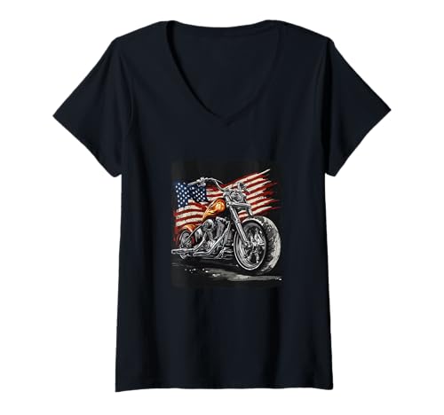 Damen Patriotische Motorrad-Grafik T-Shirt mit V-Ausschnitt von Patriotic Motorcycle Outfit