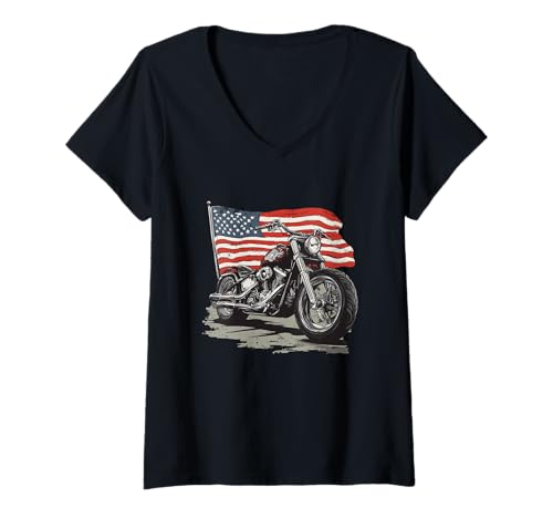 Damen Patriotisches Motorrad-Kostüm in USA-Farben T-Shirt mit V-Ausschnitt von Patriotic Motorcycle Outfit
