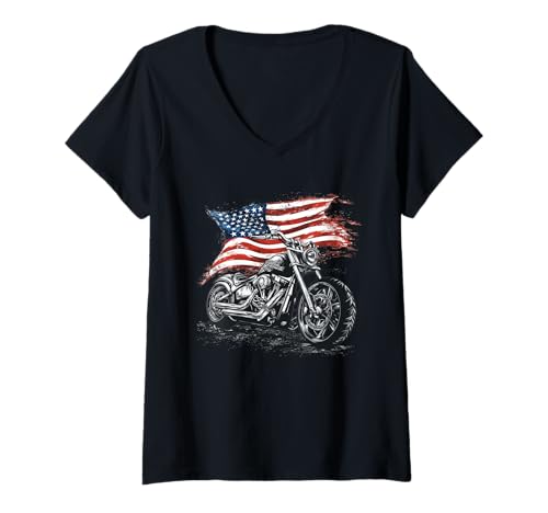 Damen Retro Motorrad mit USA-Flagge für Fahrradliebhaber T-Shirt mit V-Ausschnitt von Patriotic Motorcycle Outfit