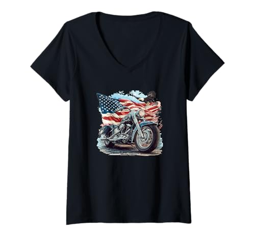 Damen Toller Amerika-Look mit Dieser Adler- und Motorrad-Grafik T-Shirt mit V-Ausschnitt von Patriotic Motorcycle Outfit