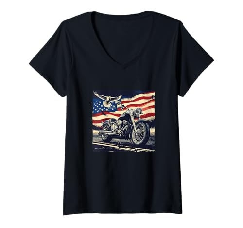 Damen Toller amerikanischer Motorrad-Look T-Shirt mit V-Ausschnitt von Patriotic Motorcycle Outfit