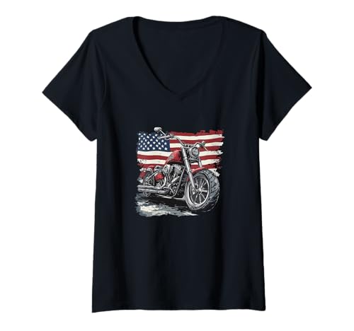 Damen Toller patriotischer Motorrad-Look im USA-Stil T-Shirt mit V-Ausschnitt von Patriotic Motorcycle Outfit