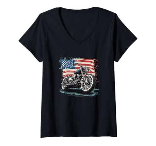 Damen Tolles Motorrad-Kostüm in patriotischen Farben T-Shirt mit V-Ausschnitt von Patriotic Motorcycle Outfit