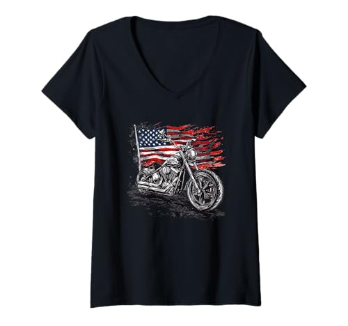 Damen USA-Flagge mit Freedom Bike Kostüm für Motorrad-Liebhaber T-Shirt mit V-Ausschnitt von Patriotic Motorcycle Outfit