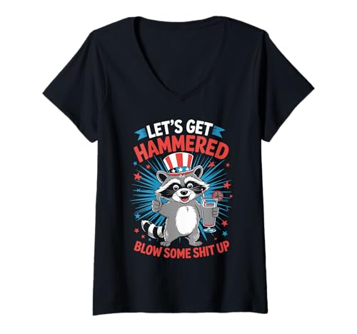 Damen Let's Get Hammered Lustiger Waschbär 4. Juli Design T-Shirt mit V-Ausschnitt Damen Let's Get Hammered Lustiger Waschbär 4. Juli Design T-Shirt mit V-Ausschnitt von Patriotic Party Humor for America Fireworks Fans