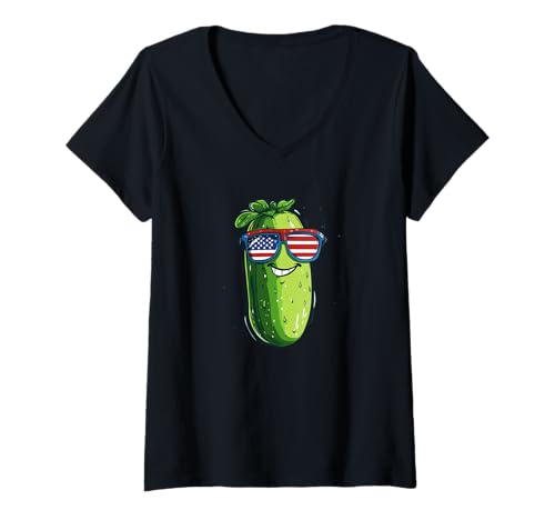 Damen Cool aussehende Amerika Pickle für Feiern mit Sonnenbrille T-Shirt mit V-Ausschnitt von Patriotic Pickle Outfit