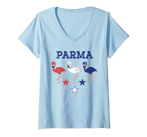 Damen Parma Ohio Flamingo Rot-Weiß-Blau Patriotische Kleidung T-Shirt mit V-Ausschnitt Damen Parma Ohio Flamingo Rot-Weiß-Blau Patriotische Kleidung T-Shirt mit V-Ausschnitt von Patriotic Pink Flamingo Red-White-Blue-Tycoon Tees