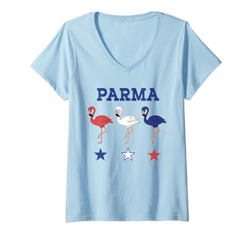 Damen Parma Ohio Flamingo Rot-Weiß-Blau Patriotische Kleidung T-Shirt mit V-Ausschnitt Damen Parma Ohio Flamingo Rot-Weiß-Blau Patriotische Kleidung T-Shirt mit V-Ausschnitt von Patriotic Pink Flamingo Red-White-Blue-Tycoon Tees