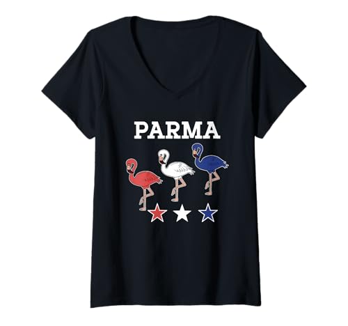 Damen Parma Ohio Flamingo Rot-Weiß-Blau Patriotische Kleidung T-Shirt mit V-Ausschnitt Damen Parma Ohio Flamingo Rot-Weiß-Blau Patriotische Kleidung T-Shirt mit V-Ausschnitt von Patriotic Pink Flamingo Red-White-Blue-Tycoon Tees