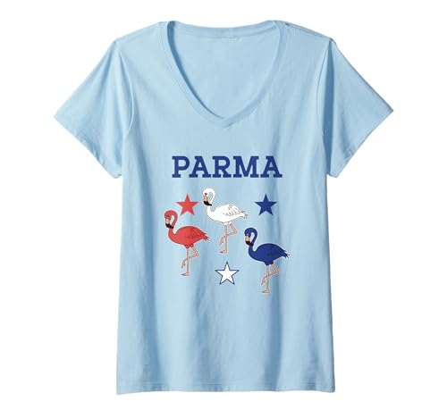 Damen Parma Ohio Flamingo Rot-Weiß-Blau Patriotische Kleidung T-Shirt mit V-Ausschnitt Damen Parma Ohio Flamingo Rot-Weiß-Blau Patriotische Kleidung T-Shirt mit V-Ausschnitt von Patriotic Pink Flamingo Red-White-Blue-Tycoon Tees