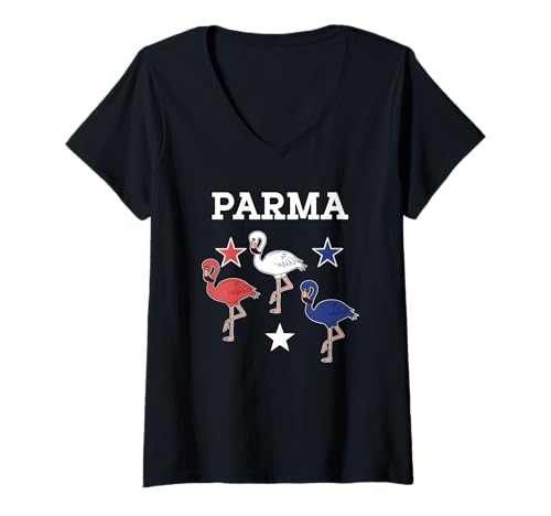 Damen Parma Ohio Flamingo Rot-Weiß-Blau Patriotische Kleidung T-Shirt mit V-Ausschnitt Damen Parma Ohio Flamingo Rot-Weiß-Blau Patriotische Kleidung T-Shirt mit V-Ausschnitt von Patriotic Pink Flamingo Red-White-Blue-Tycoon Tees