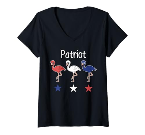 Damen USA Patriot Flamingo Sterne Streifen Neuheit Bekleidung T-Shirt mit V-Ausschnitt Damen USA Patriot Flamingo Sterne Streifen Neuheit Bekleidung T-Shirt mit V-Ausschnitt von Patriotic Pink Flamingo Red-White-Blue-Tycoon Tees