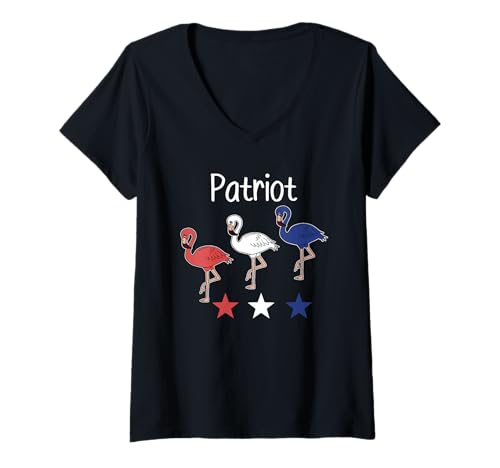 Damen USA Patriot Flamingo Sterne Streifen Neuheit Bekleidung T-Shirt mit V-Ausschnitt Damen USA Patriot Flamingo Sterne Streifen Neuheit Bekleidung T-Shirt mit V-Ausschnitt von Patriotic Pink Flamingo Red-White-Blue-Tycoon Tees