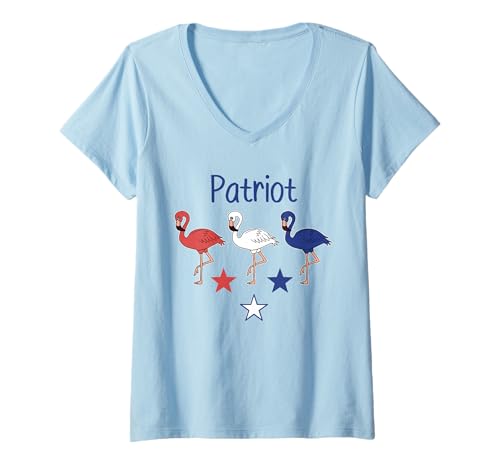 Damen USA Patriot Flamingo Sterne Streifen Neuheit Bekleidung T-Shirt mit V-Ausschnitt Damen USA Patriot Flamingo Sterne Streifen Neuheit Bekleidung T-Shirt mit V-Ausschnitt von Patriotic Pink Flamingo Red-White-Blue-Tycoon Tees